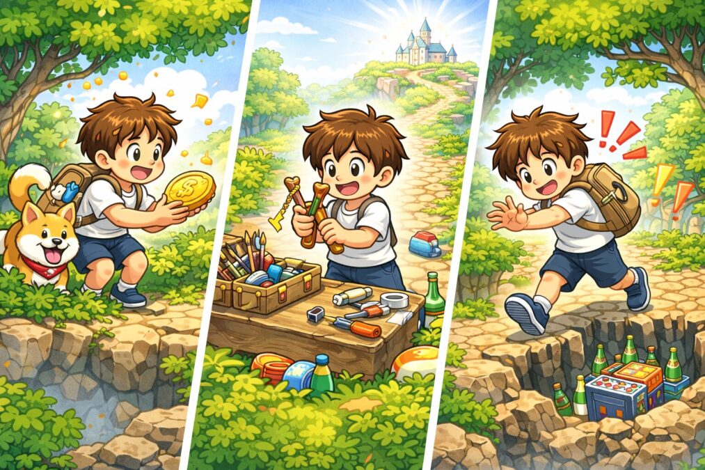 拾う、作る、避ける
